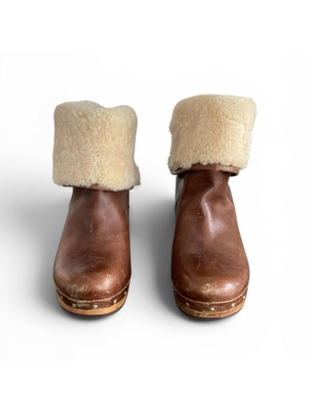 UGG Lynnea Y2K Leather Shearling Wood Heel Clog Boots | Women’s Size 8